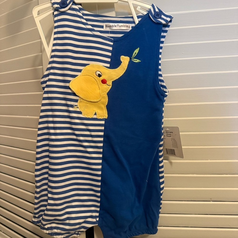 NWT 18mo Rumble Tumble Blue & White Striped Elephant Baby Romper